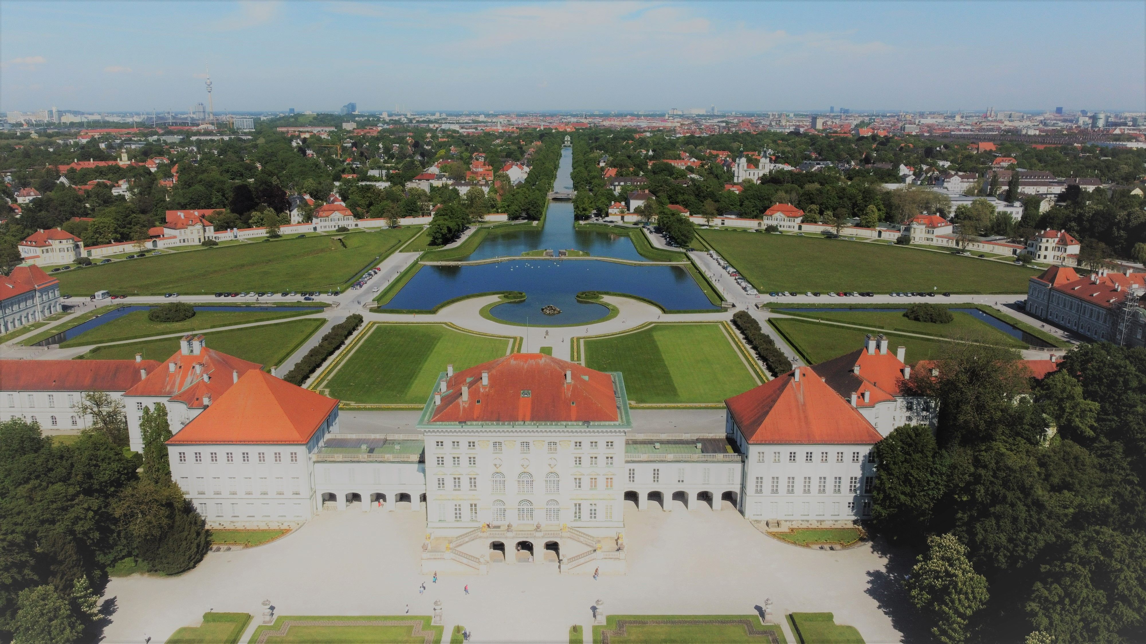 Aerial view of Nymphenburg Palace and its formal gardens in Munich